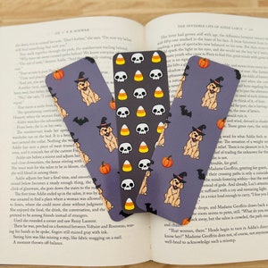 halloween dog bookmarks | halloween | witch hate | golden retriever | skulls | candy corn | double-sided | bookmark