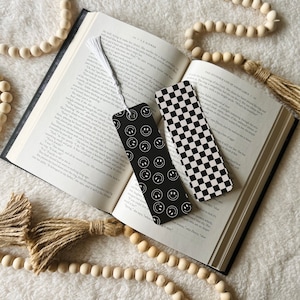black and white smile bookmark | smiley face bookmarks | checkered bookmark | double-sided | bookmark