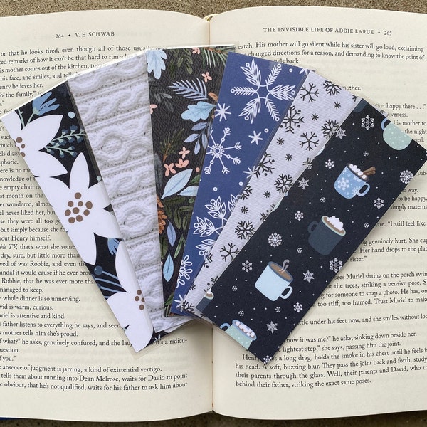 winter collection no. 1 | snow bookmarks | winter bookmarks | snowflakes | sweater | hot chocolate | laminated & double-sided | bookmark
