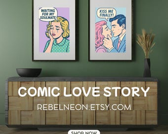 Póster de arte pop Esperando a mi alma gemela – Estilo cómico retro – Romantisches Wandbild – Descarga digital – Arte pop vintage imprimible