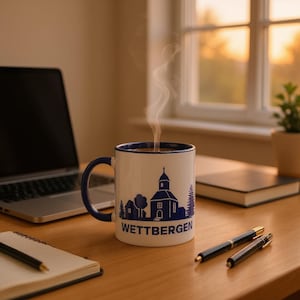 DER BLAUE Wettbergen weiße 11oz Keramikbecher mit Innenfarbe Keramikblau