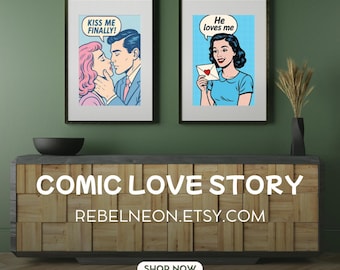 Cartel de arte pop Él me ama – Vintage Comic Stil Wandbild – Descarga digital – Liebe Romantik Wanddeko – Retro Pop Art imprimible