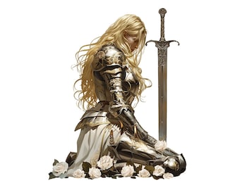 Female Knight PNG Kneeling Woman Knight Png Female Warrior Png  Blonde Praying Knight with White Roses Sublimation Design PNG ONLY