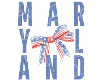 Könnte beinhalten: Blaue und rote Aquarell-Illustration des Wortes "MARYLAND" mit einer rot-weiß-blauen Schleife in der Mitte.