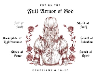 Put on Full Armor of God Png, Christian Woman PNG Vintage Roses Female Knight Praying Era Vibe Sublimation Design PNG ONLY