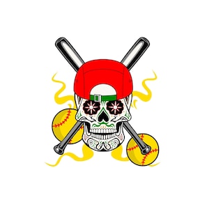 Peut inclure: Un crâne de sucre portant une casquette de baseball rouge et des lunettes de soleil avec deux batte de baseball croisées et deux balles de baseball jaunes derrière.