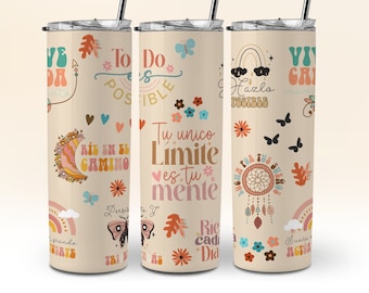 Spanish Daily Affirmation, BOHO Self Love, Beige Teal Tumbler Wrap 20 oz Skinny Tumbler Wrap Design SEAMLESS Sublimation Template DOWNLOAD