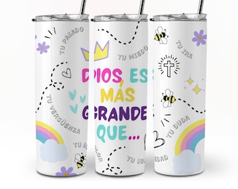 Dios Es Mas Grande Que, witte regenboog Spaanse christelijke Tumbler Wrap 20 oz Skinny Tumbler Wrap Design NAADLOZE sublimatie sjabloon DOWNLOAD