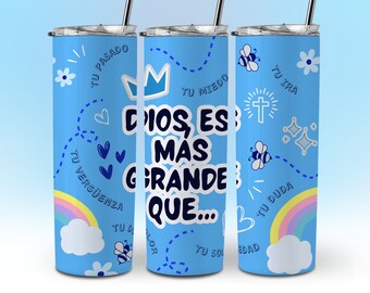 Dios Es Mas Grande Que, blauwe Spaanse christelijke Tumbler Wrap 20 oz Skinny Tumbler Wrap Design NAADLOZE sublimatie sjabloon DOWNLOAD