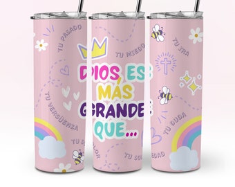 Dios Es Mas Grande Que, lichtroze Spaanse christelijke Tumbler Wrap 20 oz Skinny Tumbler Wrap Design NAADLOZE sublimatiesjabloon DOWNLOAD