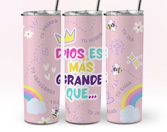 Dios Es Mas Grande Que, roze Spaanse christelijke Tumbler Wrap 20 oz Skinny Tumbler Design NAADLOZE sublimatie sjabloon DOWNLOAD