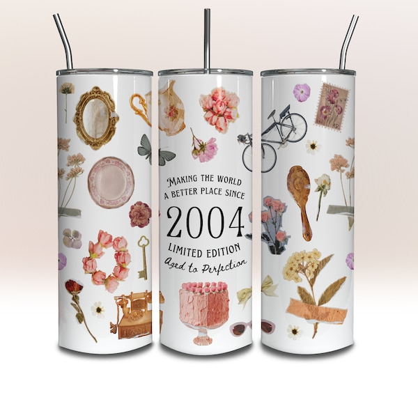 2004 Birthday Tumbler Wrap 20 oz Retro Vintage Skinny Tumbler Wrap Sublimation Flower Designs Girly Gift Idea Floral DIGITAL DOWNLOAD PNG