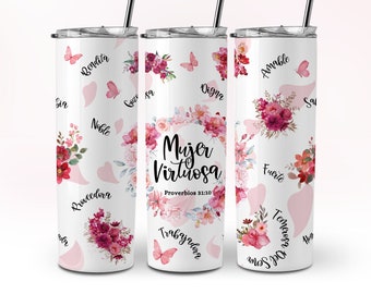 Mujer Virtuosa Envoltura de Vaso 20oz Pink Spanish Virtuous Woman Tumbler Wrap PNG 20 oz Skinny Tumbler Sublimation Design Español DOWNLOAD