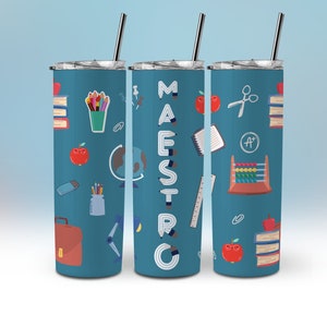 May include: Three stainless steel tumblers with lids and straws. The tumblers are blue with a white background and feature a variety of school-themed icons, including apples, pencils, books, and a globe. The middle tumbler has the word "MAESTRO" written vertically in black.