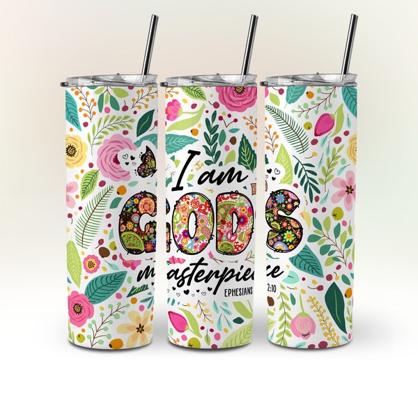 I am God's Masterpiece Christian Faith Bible Quote, Tumbler Wrap 20 oz Skinny Tumbler Wrap Design SEAMLESS Sublimation Template DOWNLOAD Png