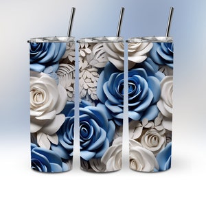 3D Seamless White Blue Roses Flowers Floral Tumbler Wrap, 20 oz Skinny Tumbler Straight Sublimation Design Instant Download PNG