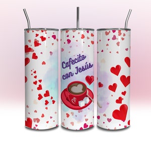 Cafecito Con Jesús Spanish Christian Tumbler Wrap 20 oz Skinny Love Hearts Tumbler Wrap Diseño SEAMLESS Sublimation Template DESCARGAR Png