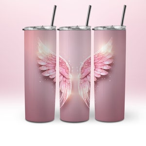 3D Christmas Pink Angel Wings Glitter Gold Tumbler Wrap- 20 oz Skinny Tumbler Wrap Straight Sublimation Design Template Instant Download PNG