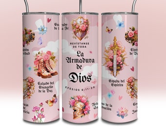 La Armadura De Dios Tumbler Wrap roze Spaans christelijke Tumbler Wrap 20 oz Skinny Tumbler Wrap Design NAADLOZE sublimatiesjabloon DOWNLOAD