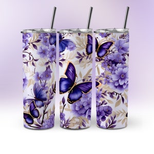 Purple Butterfly Tumbler Wrap Purple Gold Butterflies and Flowers Tumbler Wrap 20oz Skinny Tumbler Sublimation Design Instant Download PNG