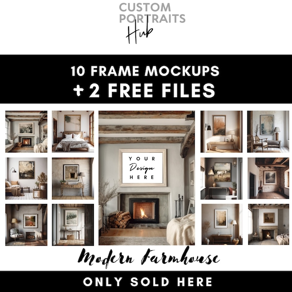 10 Modern Farmhouse Frame Mock Ups + 2 FREE files, Realistic Country Cottage Frame Template Wall Art Bundle, Stylish Stock Photo, JPG, PSD