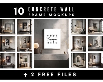 May include: Ten mockup images of frames on a concrete wall. Each frame is empty and ready for your design. The text "YOUR Design HERE" is visible in the center frame. The text "+ 2 FREE FILES" is at the bottom of the image.