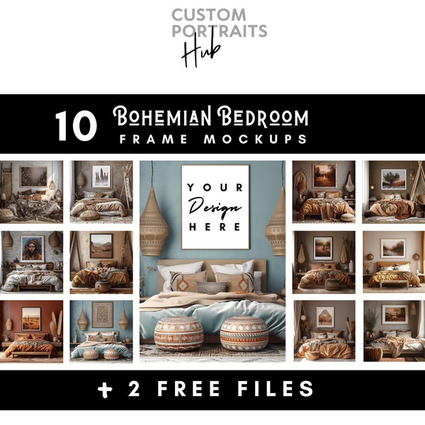 10 BOHO Bohemian Bedroom Frame Mock Ups + 2 Free files, Realistic Warm Earth Tones Frame Template Wall Art Bundle, Stock Photos, JPG PSD