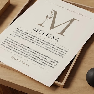 Significado del nombre Melissa, arte de pared, origen del nombre Melissa, decoración de guardería, regalo de bautismo para bebé, tarjeta con póster con nombre imprimible, DESCARGA DIGITAL
