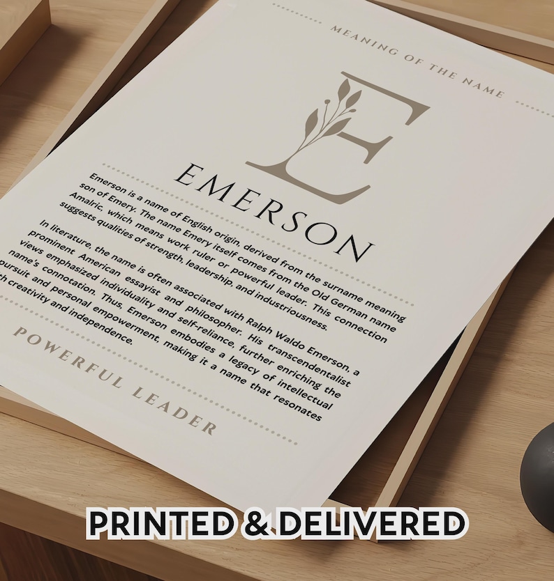 Emerson Name Bedeutung Wand Kunst Emerson Name Origin Print Kinderzimmer Dekor, Baby Taufe Geschenk, GEDRUCKTER Name Bedeutung Poster, gerahmt Name Art Bild 1
