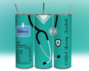 Vaso de 20 oz con certificado de asistente de enfermería, delgado, para agregar nombre, regalo de cumpleaños, agradecimiento laboral, sublimación, DESCARGA DIGITAL