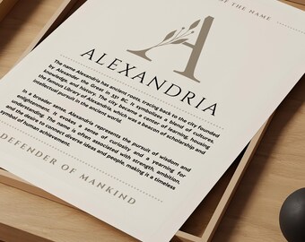 Alexandria Name Meaning Wall Art, Alexandria Name Origin Print Nursery Decor, Baptism Gift for Baby, Poster Card Printable DIGITAL DOWNLOAD