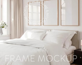 Three Frame Mockup for ISO A1, A2, A3 Ratio Light Wood Realistic Home Interior Bedroom Beige Mock up Template, for Art Poster Print JPG PSD