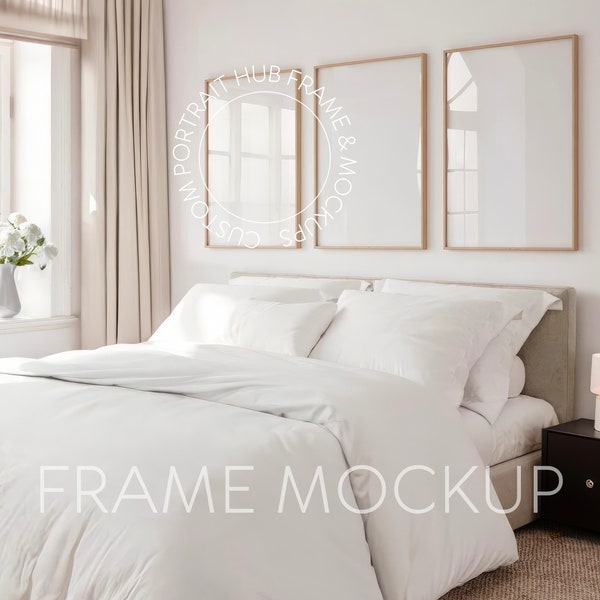 Drei Rahmen Mockup für ISO A1, A2, A3 Verhältnis Helles Holz Realistisches Home Interior Schlafzimmer Beige Mock-up Vorlage, für Kunst Poster Druck JPG PSD