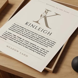 Kinleigh Nome Significato Arte murale, Kinleigh Nome Origine Stampa Decorazione per la cameretta dei bambini, Regalo di battesimo per bambino, Nome Poster Card Stampabile DOWNLOAD DIGITALE