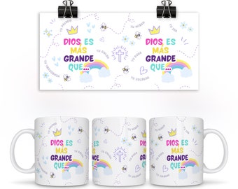 Bóg jest większy niż chrześcijański hiszpański kubek chrześcijański opakowanie 15 oz 11oz werset biblijny pismo święte PNG projekt do sublimacji kubka do kawy