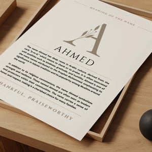 Arte mural con el significado del nombre Ahmed, impresión del origen del nombre Ahmed, decoración infantil, regalo de bautismo para bebé, póster con nombre imprimible (descarga digital)