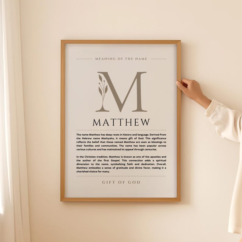 Matthew Name Meaning Wall Art, Matthew Name Origin Print Nursery Decor, Baptism Gift for Baby, Name Poster Card Printable DIGITAL DOWNLOAD image 3