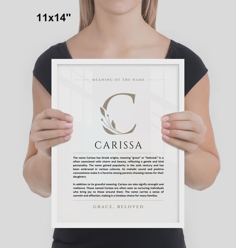 Znaczenie imienia Carissa – grafika ścienna, pochodzenie imienia Carissa, dekoracja pokoju dziecięcego, prezent na chrzest dziecka, wydrukowany plakat ze znaczeniem imienia, oprawiona grafika z imieniem zdjęcie 8