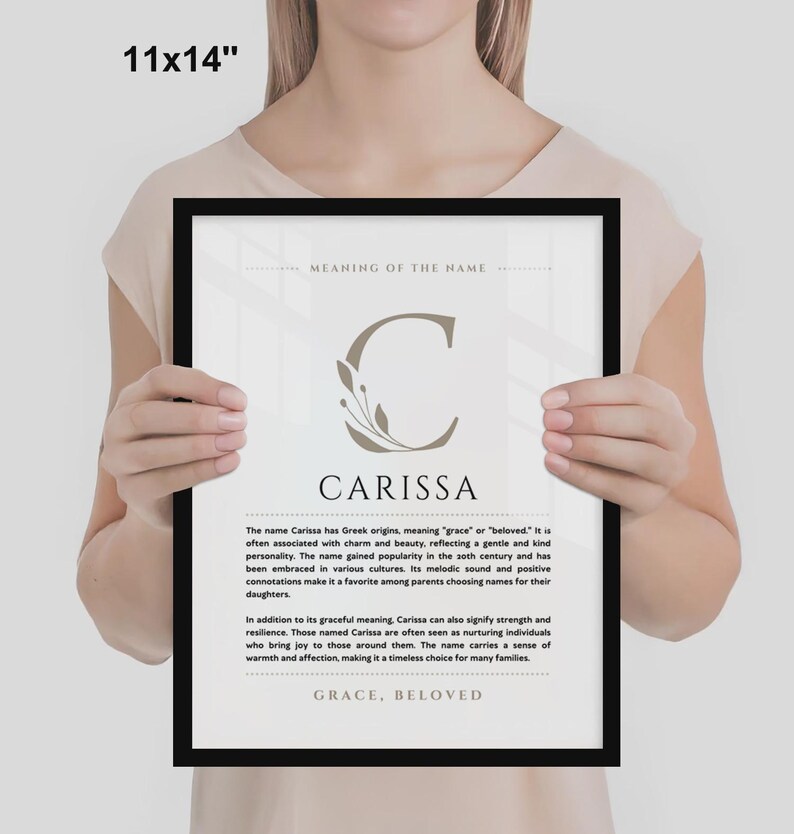 Znaczenie imienia Carissa – grafika ścienna, pochodzenie imienia Carissa, dekoracja pokoju dziecięcego, prezent na chrzest dziecka, wydrukowany plakat ze znaczeniem imienia, oprawiona grafika z imieniem zdjęcie 6