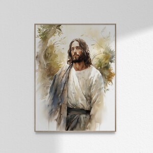 May include: A watercolor-style wall art print depicting a figure with long brown hair and a beard, wearing a white tunic and a draped garment. The figure is positioned against a soft, abstract background of muted green and brown foliage.