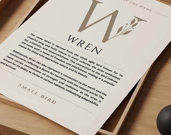Wren Name Bedeutung Wandkunst, Wren Name Origin Print Nursery Decor, Taufe Geschenk für Baby, Name Poster Card Printable DIGITAL DOWNLOAD