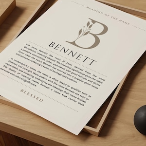 Bennett Name Bedeutung Wandkunst, Bennett Name Origin Print Kinderzimmer Dekor, Taufe Geschenk für Baby, Name Poster Karte Printable DIGITAL DOWNLOAD