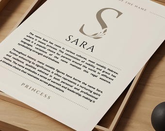 Puede incluir: Un póster imprimible con fondo beige y una letra S marrón. El póster presenta el nombre Sara y una descripción del significado del nombre. El texto dice: "El nombre Sara tiene raíces en varias culturas, especialmente en el hebreo, donde significa princesa. Esta connotación de nobleza y gracia lo ha convertido en una opción popular para los padres de todo el mundo. En diferentes idiomas, las variaciones del nombre mantienen esta esencia real, simbolizando fuerza y ​​amabilidad. A lo largo de la historia, muchas figuras notables han llevado el nombre de Sara, lo que aumenta aún más su significado. A menudo representa un espíritu cariñoso y resiliencia, cualidades admiradas tanto en el ámbito personal como profesional. El nombre encarna un sentido de calidez y liderazgo, lo que lo convierte en una elección atemporal que resuena a través de las generaciones. PRINCESA"