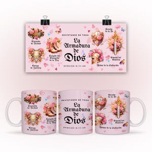 La Armadura De Dios roze Spaans-christelijk 15 oz mokomslag 11 oz mokomslag ontwerp Envoltura de Taza-sublimatiesjabloon digitale DOWNLOAD png