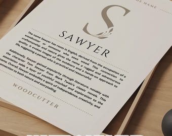 Sawyer Name Meaning Wall Art Sawyer Name Origin Print Nursery Decor, Baby Baptism Gift, PRINTED Name Meaning Poster, Framed Name Art
