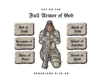 Puede incluir: Una ilustración de una persona con armadura, arrodillada con una espada en sus manos. La ilustración está rodeada de tabletas de piedra con texto que dice "Ponte la armadura completa de Dios" y "Efesios 6:10-20". Las tabletas enumeran las diferentes piezas de la armadura: Cinturón de la verdad, Coraza de justicia, Sandalias de paz, Escudo de la fe, Yelmo de la salvación y Espada del Espíritu.