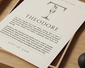 Theodor Name Bedeutung Wandkunst, Theodor Name Origin Print Nursery Decor, Taufe Geschenk für Baby, Name Poster Card Printable DIGITAL DOWNLOAD