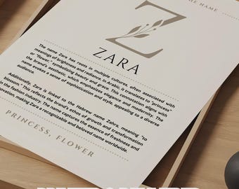 Väggkonst med namnet Zara, namnbetydelse, väggkonst med namnet Zara, namnursprung, barnrumsdekor, dopgåva, tryckt poster med namnbetydelse, inramad namnkonst