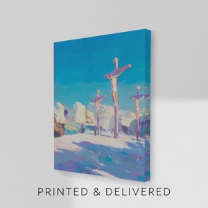 May include: A square canvas print featuring an impressionistic painting of three figures on crosses against a bright blue sky. The scene uses bold brushstrokes in shades of blue, white, and purple to depict the figures and the landscape below.