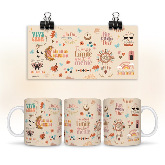 BOHO Spanisch Motivationsbecher Wrap 15 Unzen 11 Unzen Spanisch Affirmation für Becher Wrap PNG Design für Kaffeetasse Sublimation Wrap 15 Unzen 11 Unzen Tasse